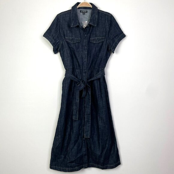 J. Crew Short sleeve tie waist button up Denim Dress Belted Midi Size 8 Dark - Picture 4 of 12